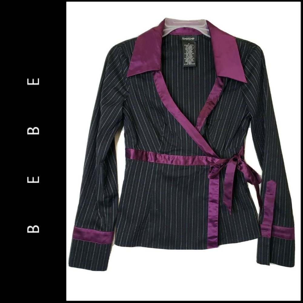 Bebe Women Pinstripe Faux Wrap Top Blouse Small
